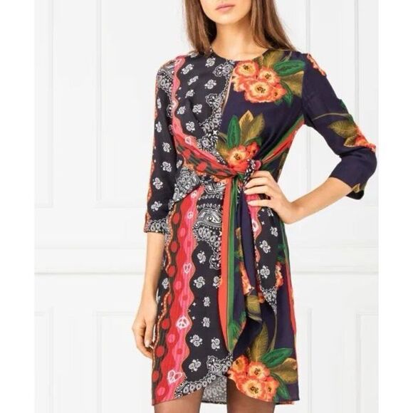Desigual Dana Draped Print Mini Dress Blue Multi Size 6 - Picture 1 of 12